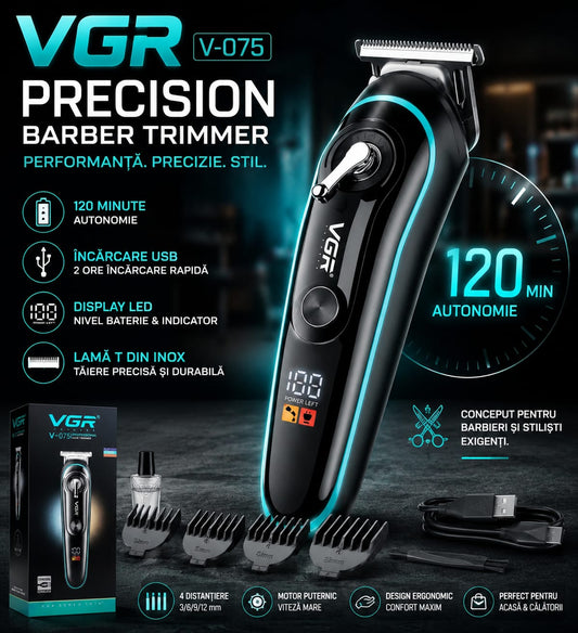 Aparat de Tuns Profesional VGR V-075, Trimmer pentru Barbă și Contur, Display LED, Lamă T Precision din Inox, Încărcare USB, 120 Min Autonomie, 4 Distanțiere, Negru