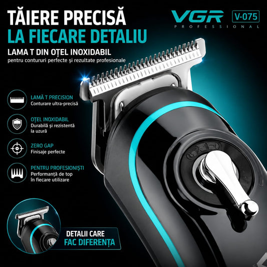 Aparat de Tuns Profesional VGR V-075, Trimmer pentru Barbă și Contur, Display LED, Lamă T Precision din Inox, Încărcare USB, 120 Min Autonomie, 4 Distanțiere, Negru