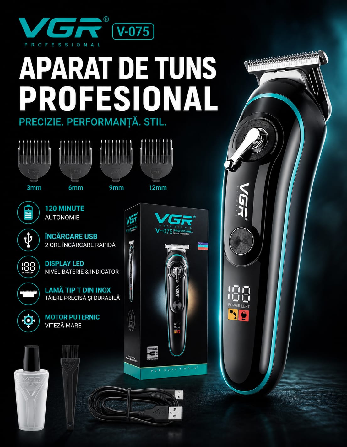 Aparat de Tuns Profesional VGR V-075, Trimmer pentru Barbă și Contur, Display LED, Lamă T Precision din Inox, Încărcare USB, 120 Min Autonomie, 4 Distanțiere, Negru