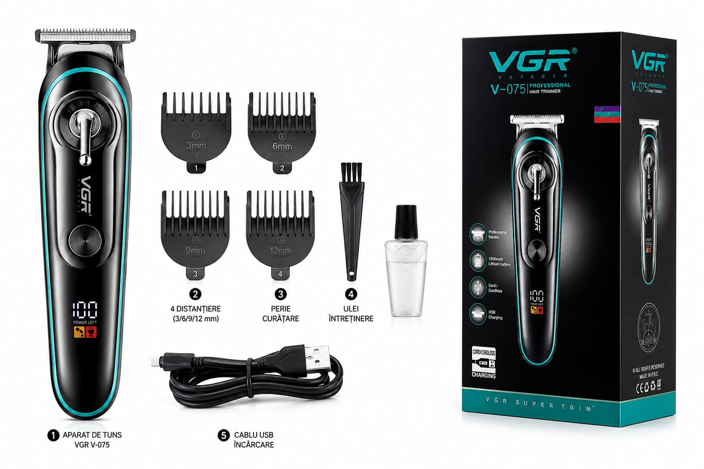 Aparat de Tuns Profesional VGR V-075, Trimmer pentru Barbă și Contur, Display LED, Lamă T Precision din Inox, Încărcare USB, 120 Min Autonomie, 4 Distanțiere, Negru