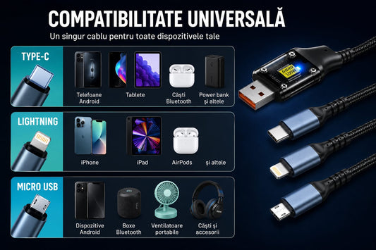 Cablu Încărcare 3 în 1, 100W, USB-A la USB-C + Lightning + Micro USB, Împletit Nylon, Transparent Chip, LED, Fast Charging & Data Transfer