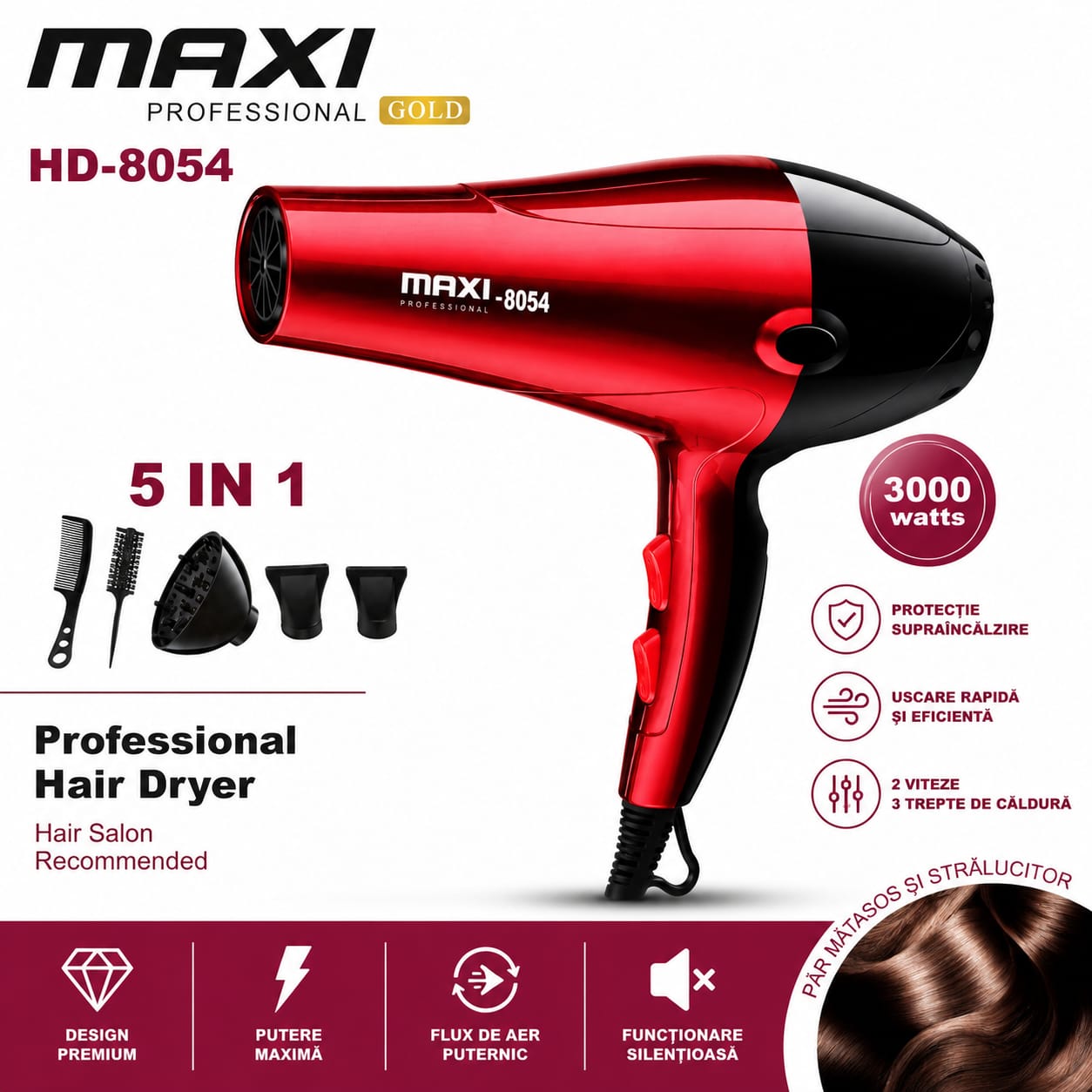 Uscator de Par Profesional HD-8054 Gold, 3000W, 5 Accesorii, Uscare Rapida, 2 Viteze, 3 Trepte de Temperatura, Protecție la Supraîncalzire