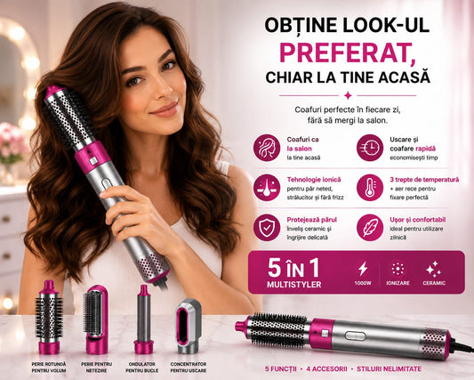 Perie cu Aer Cald, Uscător, Ondulator și Perie pentru Volum, 4 Accesorii Interschimbabile, Tehnologie Ionică, Înveliș Ceramic, 3 Trepte Temperatură