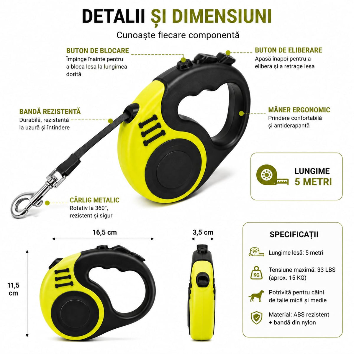 Lesă retractabilă pentru câini, 5 m, 16.5 ft, tensiune maximă 33 lbs, mâner ergonomic, sistem de blocare, carabină metalică, negru-galben