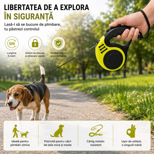 Lesă retractabilă pentru câini, 5 m, 16.5 ft, tensiune maximă 33 lbs, mâner ergonomic, sistem de blocare, carabină metalică, negru-galben