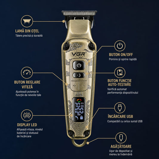 Masina de tuns profesionala VGR V-901 pentru par si barba, Display LED, 4 Trepte de Viteza 5500-7000 RPM, Baterie Li-Ion 1600 mAh, Incarcare USB, 4 Piepteni 1/3/5/7 mm, Lama din Otel, Auriu
