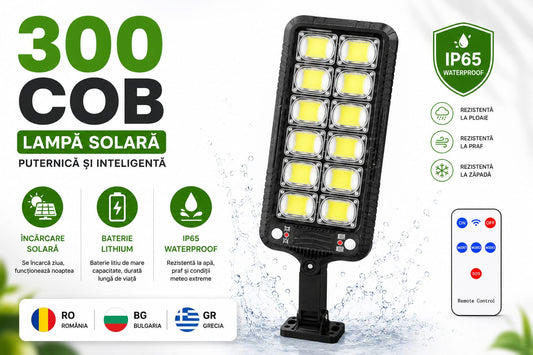 Lampă Solară 300 COB cu Senzor de Mișcare, Telecomandă, IP65, 3 Moduri de Funcționare, Baterie Litiu, Încărcare Solară, Iluminare Exterior Curte, Grădină, Terasă,