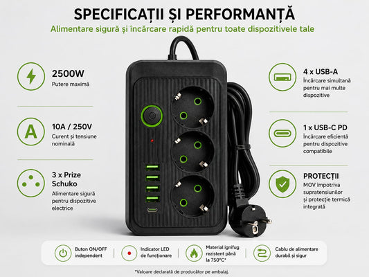Prelungitor electric cu 3 prize Schuko, 4 USB-A, 1 USB-C PD, 2500W, 10A/250V, întrerupător ON/OFF, protecție MOV și termică, negru, F09U