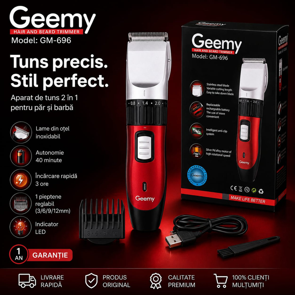 Mașina de tuns Geemy GM-696 pentru par și barba, Reincarcabila, Pieptene reglabil 3/6/9/12 mm, Reglaj fin 0.8-2 mm, Indicator LED, Cablu USB, Rosu/Negru