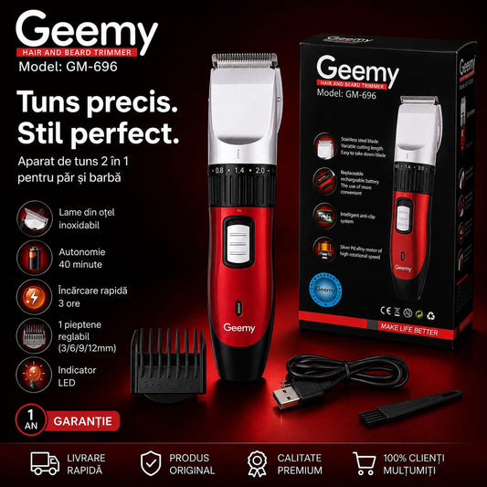 Mașina de tuns Geemy GM-696 pentru par și barba, Reincarcabila, Pieptene reglabil 3/6/9/12 mm, Reglaj fin 0.8-2 mm, Indicator LED, Cablu USB, Rosu/Negru