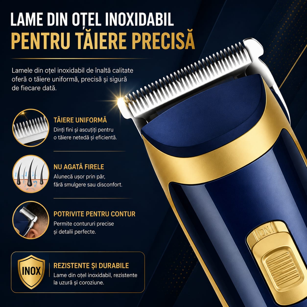 Mașină profesională de tuns GM-6005, acumulator reîncărcabil, lame din oțel inoxidabil, 4 piepteni (3/6/9/12 mm), autonomie până la 60 minute, pentru păr, barbă și contur, Albastru/Auriu