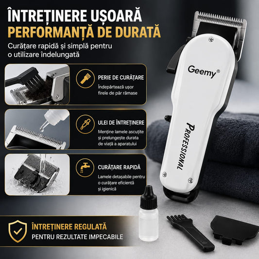 Mașină de tuns profesională GM-6081, reîncărcabilă, 4 piepteni de ghidaj, lame din oțel inoxidabil, design ergonomic, kit complet, alb