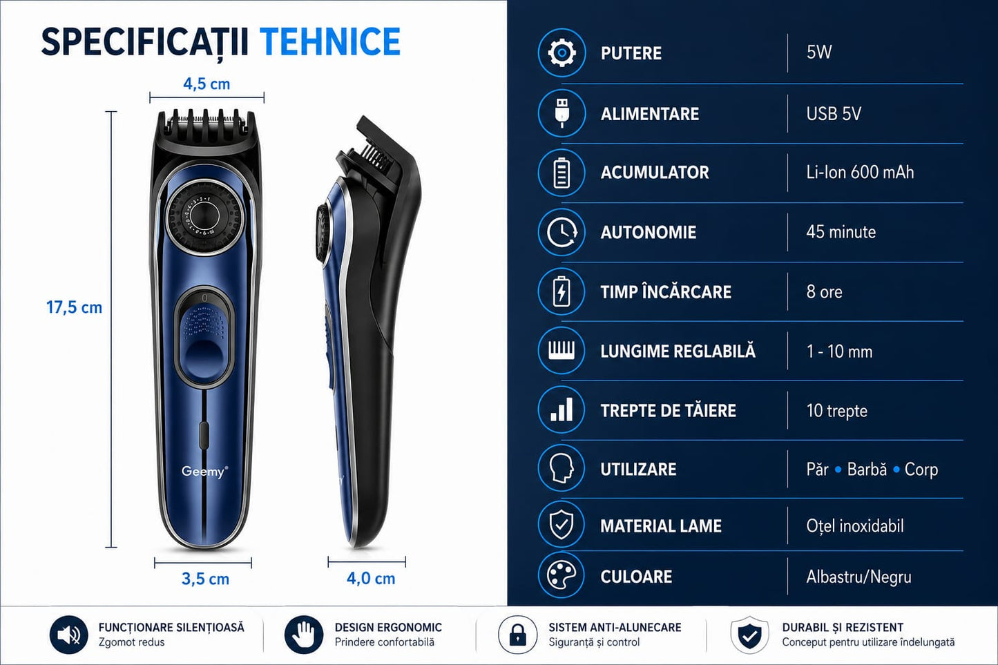 Mașină Profesională de Tuns și Contur GM-6675, Reglaj 1-10 mm, 10 Trepte de Tăiere, Acumulator Li-Ion 600 mAh, Încărcare USB, Motor 5W, Lame din Oțel Inoxidabil, Albastru/Negru