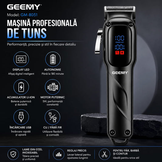 Mașină profesională de tuns GM-8051, Display LED Digital, Autonomie până la 180 minute, Motor 5W, Lame din oțel inoxidabil, Încărcare USB, Reglaj precis pentru păr, barbă și contur