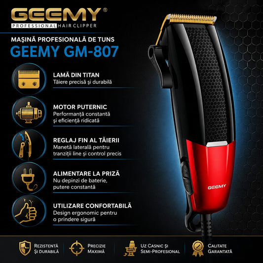 Mașină Profesională de Tuns GM-807, Motor Puternic 9-10W, Lamă Titanium, Reglaj Taper Lever, Alimentare la Priză, 4 Piepteni Incluși (3/6/9/12 mm), Negru/Roșu