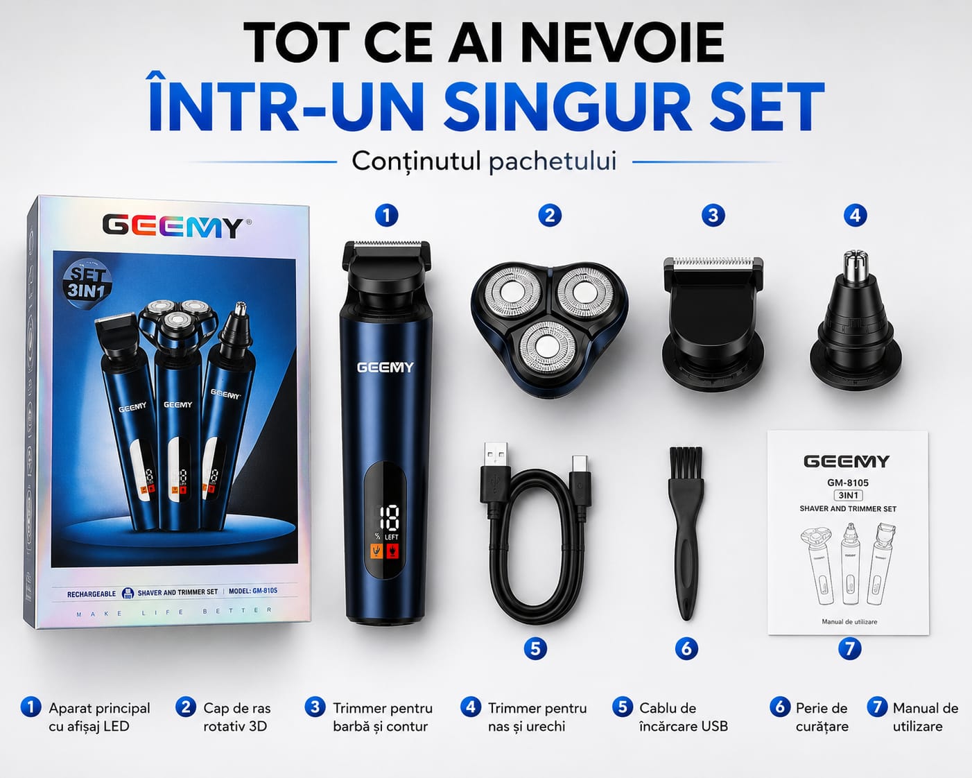 Aparat de Ras Electric și Trimmer 3 în 1 GM-8105, Display LED, Reîncărcare USB, Trimmer Barbă și Contur, Trimmer Nas și Urechi, Acumulator Reîncărcabil, Utilizare Fără Fir