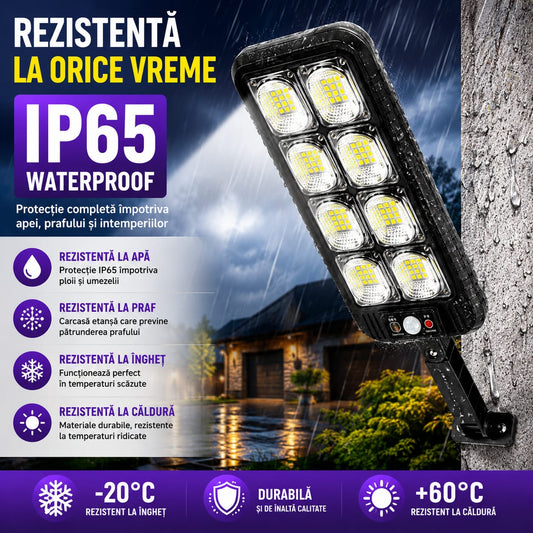 Lampă Solară LED 200 COB cu Senzor de Mișcare, Telecomandă, IP65, Încărcare Solară, Iluminare 6500K, Autonomie 8-12 Ore, pentru Curte, Grădină, Garaj, Alee