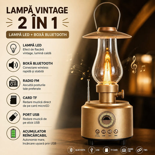 Lampă LED Vintage GOLON RX-81D cu Boxă Bluetooth, Radio FM, USB, Card TF, Acumulator Reîncărcabil, Funcție TWS, Design Retro, Auriu
