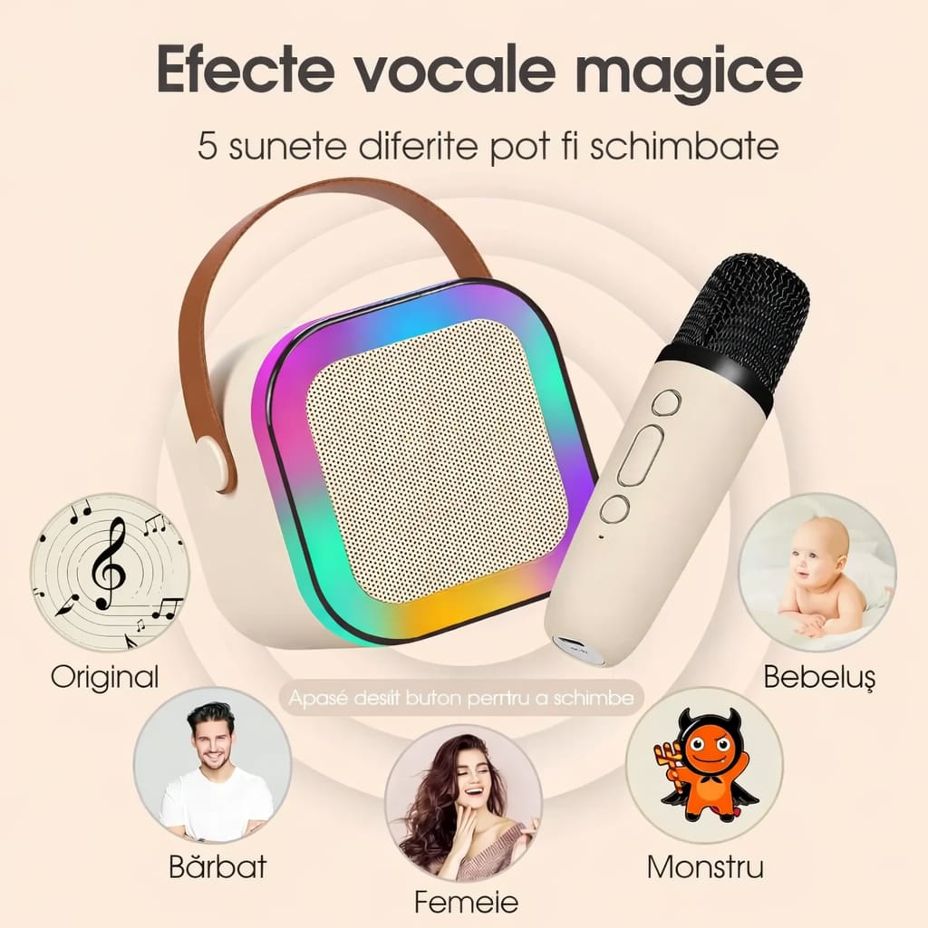 Boxa Bluetooth Karaoke Cu 2 Microfoane Wireless, 5 efecte vocale, Lumini RGB, Portabil