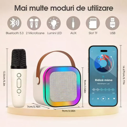 Boxa Bluetooth Karaoke Cu 2 Microfoane Wireless, 5 efecte vocale, Lumini RGB, Portabil