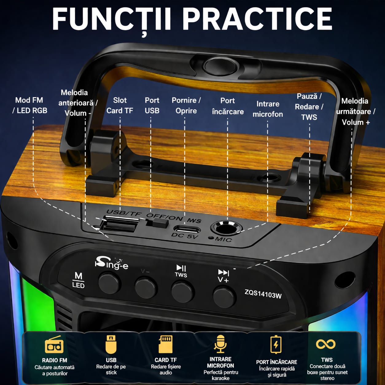Boxă Bluetooth Portabilă Karaoke cu Microfon, Lumini LED RGB, USB, Card TF și Radio FM – Sunet Puternic pentru Petreceri + Încărcător Rapid Cadou