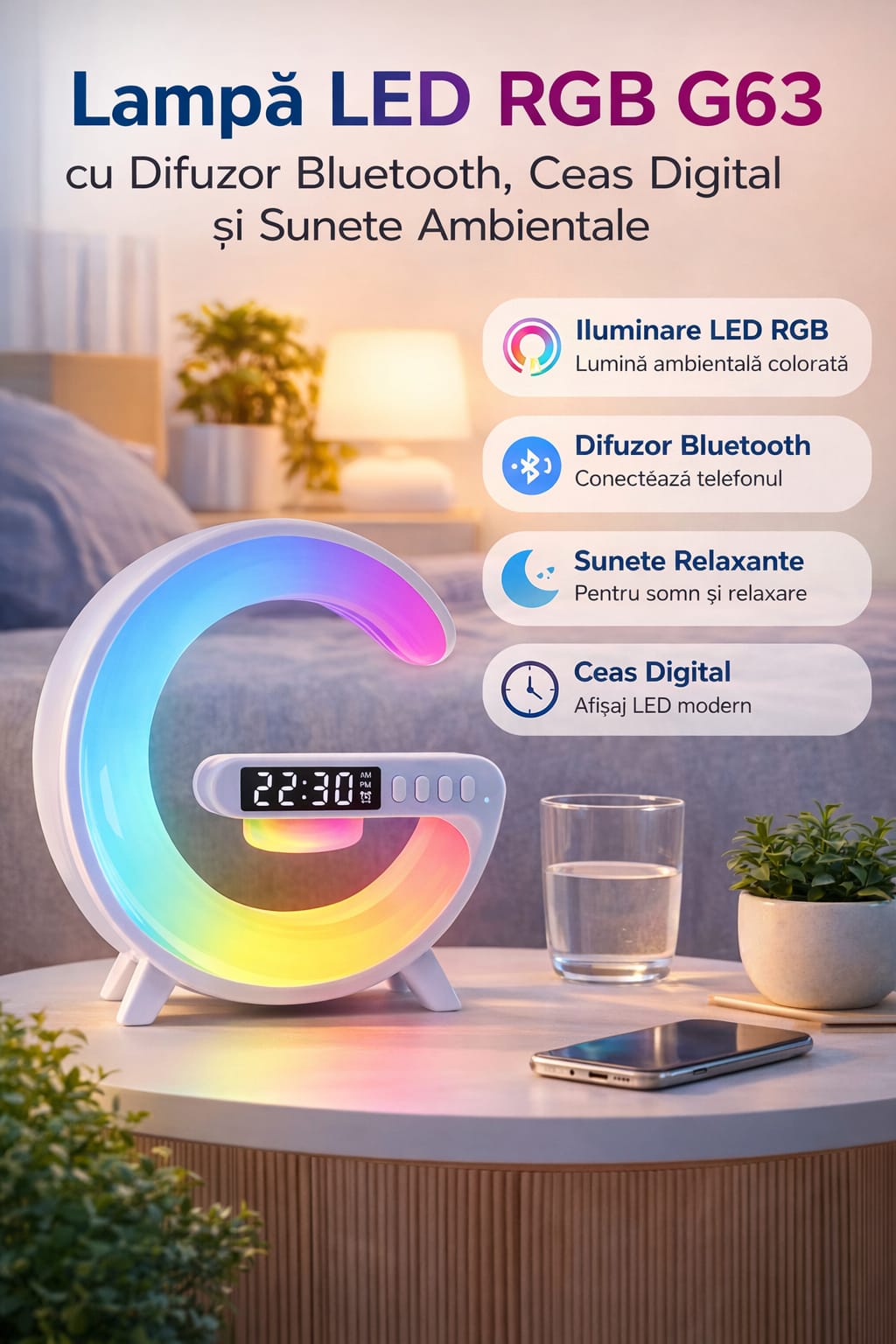 1+1 GRATUIT Lampă LED RGB cu Difuzor Bluetooth și Ceas Digital G63 – Lumină Ambientală Smart cu Sunete Relaxante