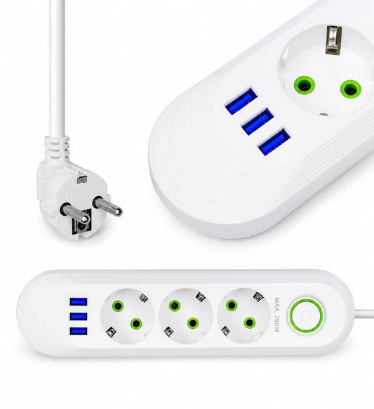 Prelungitor Multiplu 3 Prize + 3 USB, 2500W, Cablu 2m, Intrerupator ON/OFF, Protectie Suprasarcina, Alb