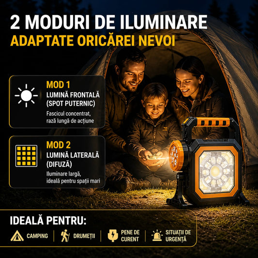 Lanternă LED Camping Reîncărcabilă cu Panou Solar, 2500mAh, COB + 7 LED, USB, Suport Reglabil 180°, IP44, Lumină Puternică
