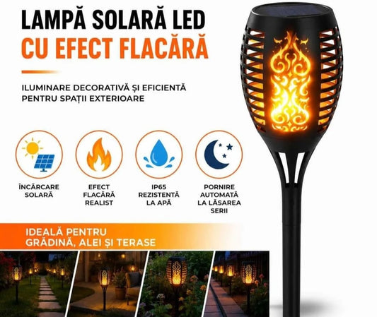 PACHET 5X Lampă Solară LED cu Efect Flacără, IP65, Pornire Automată, Panou Solar, Iluminare Decorativă pentru Grădină, Curte, Alei și Terasă, 52 cm, Negru
