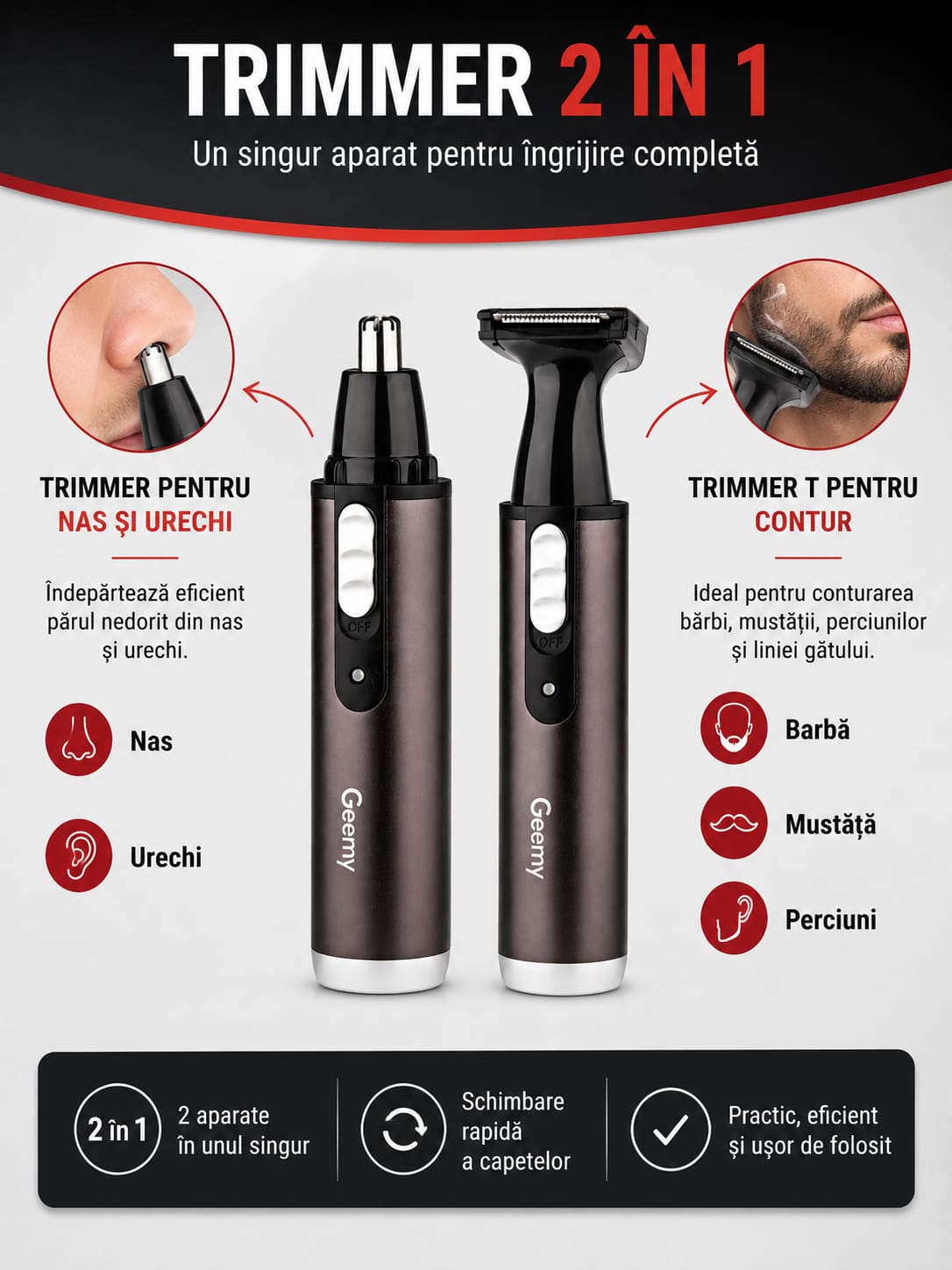 Trimmer 2 în 1 GM-3112, Reîncărcabil, pentru Nas, Urechi și Contur Barbă, Lame din Oțel Inoxidabil, Acumulator, Design Ergonomic