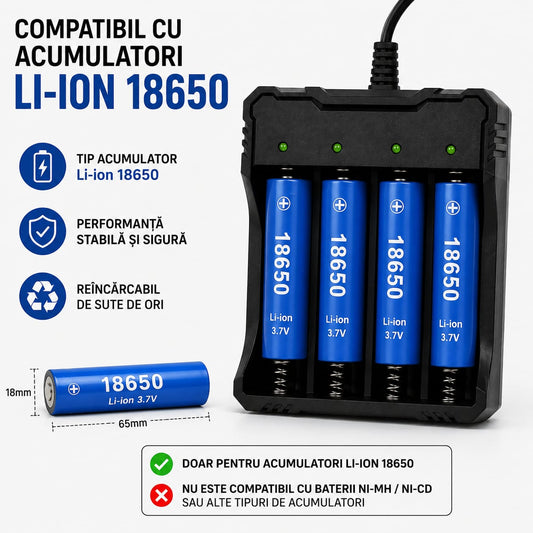 Încărcător 4 Acumulatori Li-Ion, 4 Sloturi Independente, 4.2V 1200mA, Indicator LED, Alimentare 100-240V