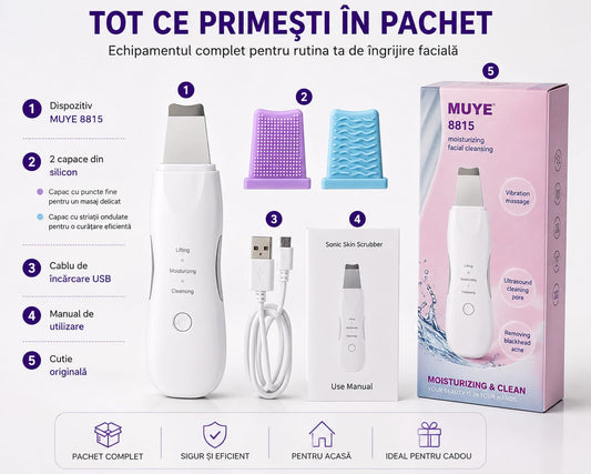 Spatulă Ultrasonică pentru Curățare Facială, Sonic Skin Scrubber, 3 Funcții, Cleansing, Moisturizing, Lifting, Reîncărcare USB, 600 mAh