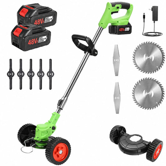 Motocoasă Electrică SUNTEC® cu Acumulator 48V, 1500W, 2 Baterii Incluse, 3 Unghiuri de Tăiere, Roți Detașabile, Set Complet Accesorii, Ideală pentru Curte și Grădină
