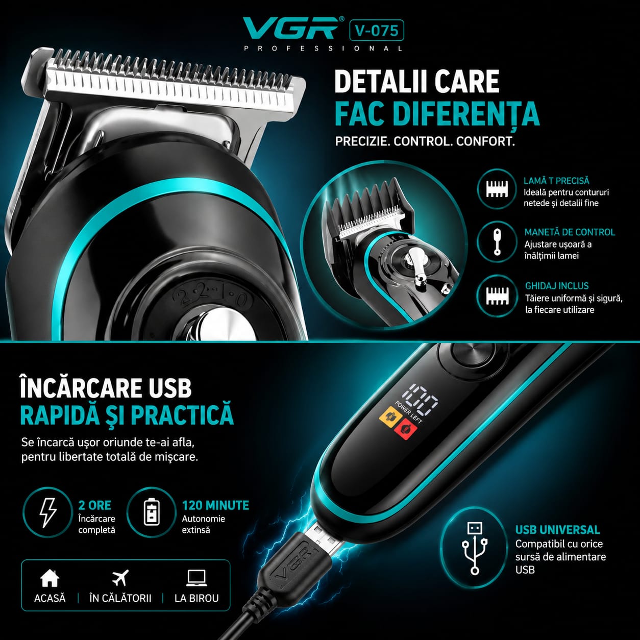 Aparat de Tuns Profesional VGR V-075, Trimmer pentru Barbă și Contur, Display LED, Lamă T Precision din Inox, Încărcare USB, 120 Min Autonomie, 4 Distanțiere, Negru