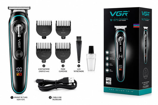 Aparat de Tuns Profesional VGR V-075, Trimmer pentru Barbă și Contur, Display LED, Lamă T Precision din Inox, Încărcare USB, 120 Min Autonomie, 4 Distanțiere, Negru