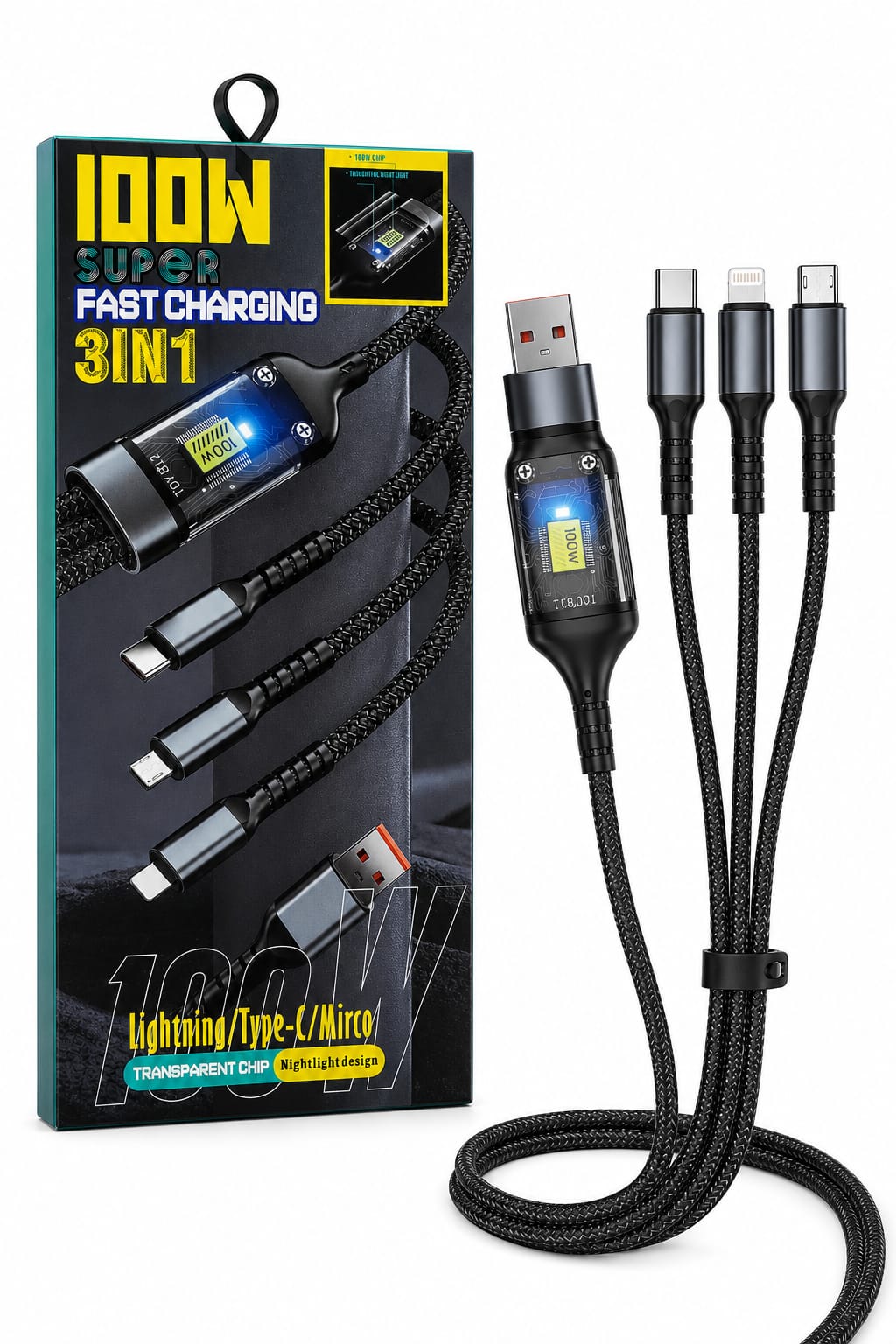 Cablu Încărcare 3 în 1, 100W, USB-A la USB-C + Lightning + Micro USB, Împletit Nylon, Transparent Chip, LED, Fast Charging & Data Transfer