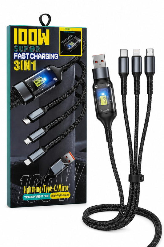 Cablu Încărcare 3 în 1, 100W, USB-A la USB-C + Lightning + Micro USB, Împletit Nylon, Transparent Chip, LED, Fast Charging & Data Transfer