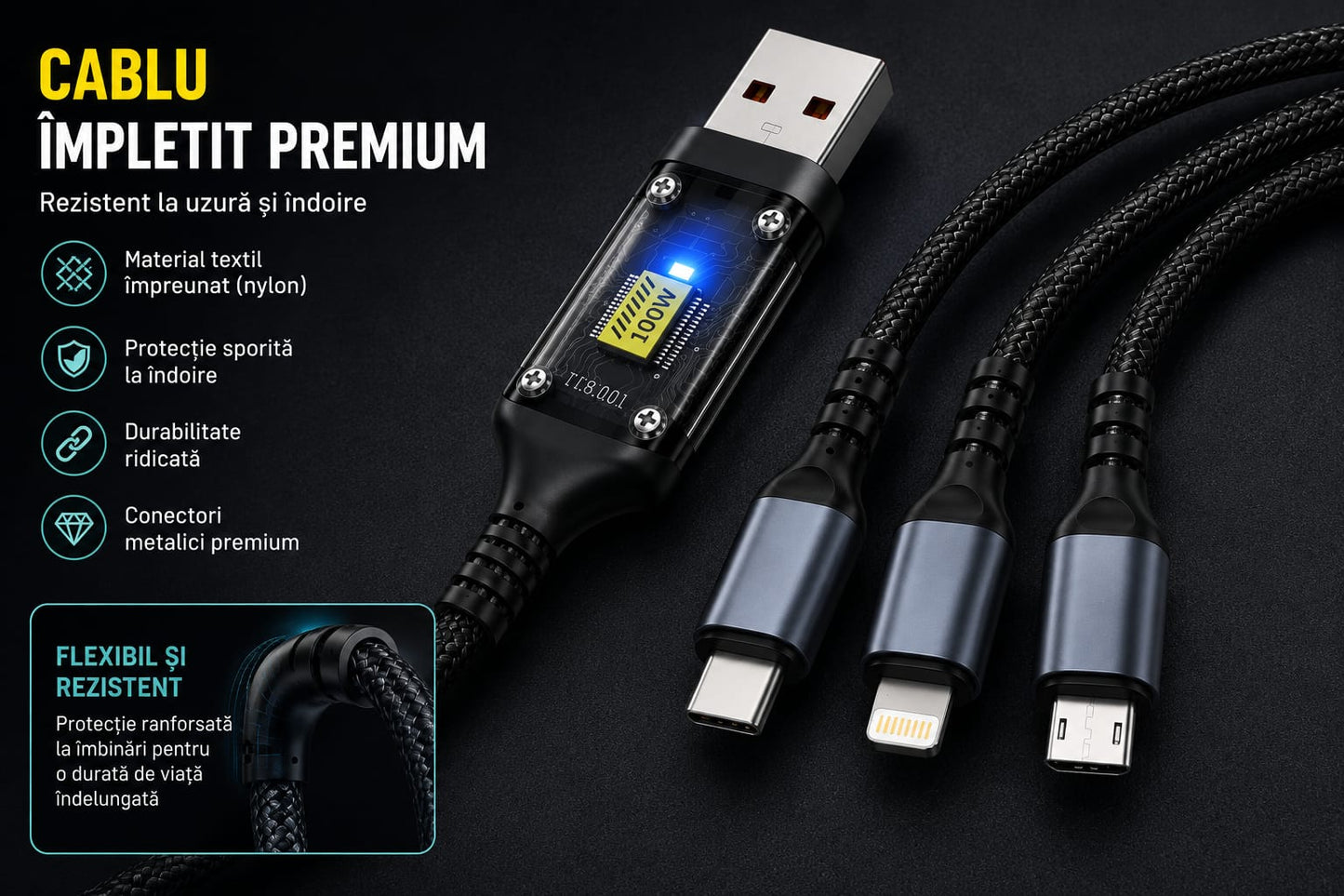 Cablu Încărcare 3 în 1, 100W, USB-A la USB-C + Lightning + Micro USB, Împletit Nylon, Transparent Chip, LED, Fast Charging & Data Transfer