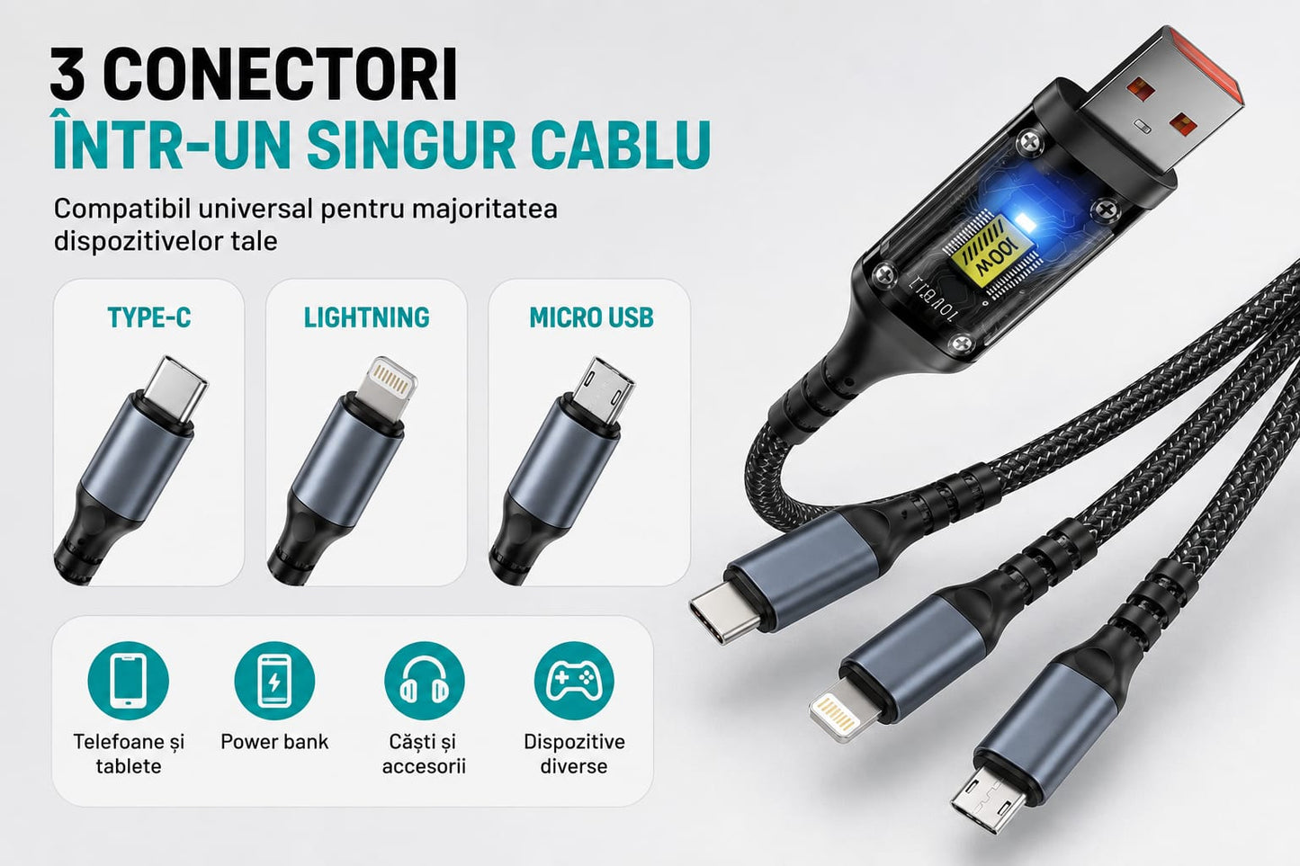 Cablu Încărcare 3 în 1, 100W, USB-A la USB-C + Lightning + Micro USB, Împletit Nylon, Transparent Chip, LED, Fast Charging & Data Transfer