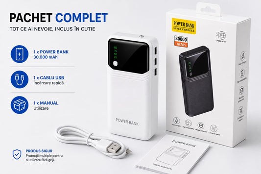 Power Bank 30.000 mAh, 3 x USB-A, Afișaj Digital LED, Lanternă LED, 5V/2.1A