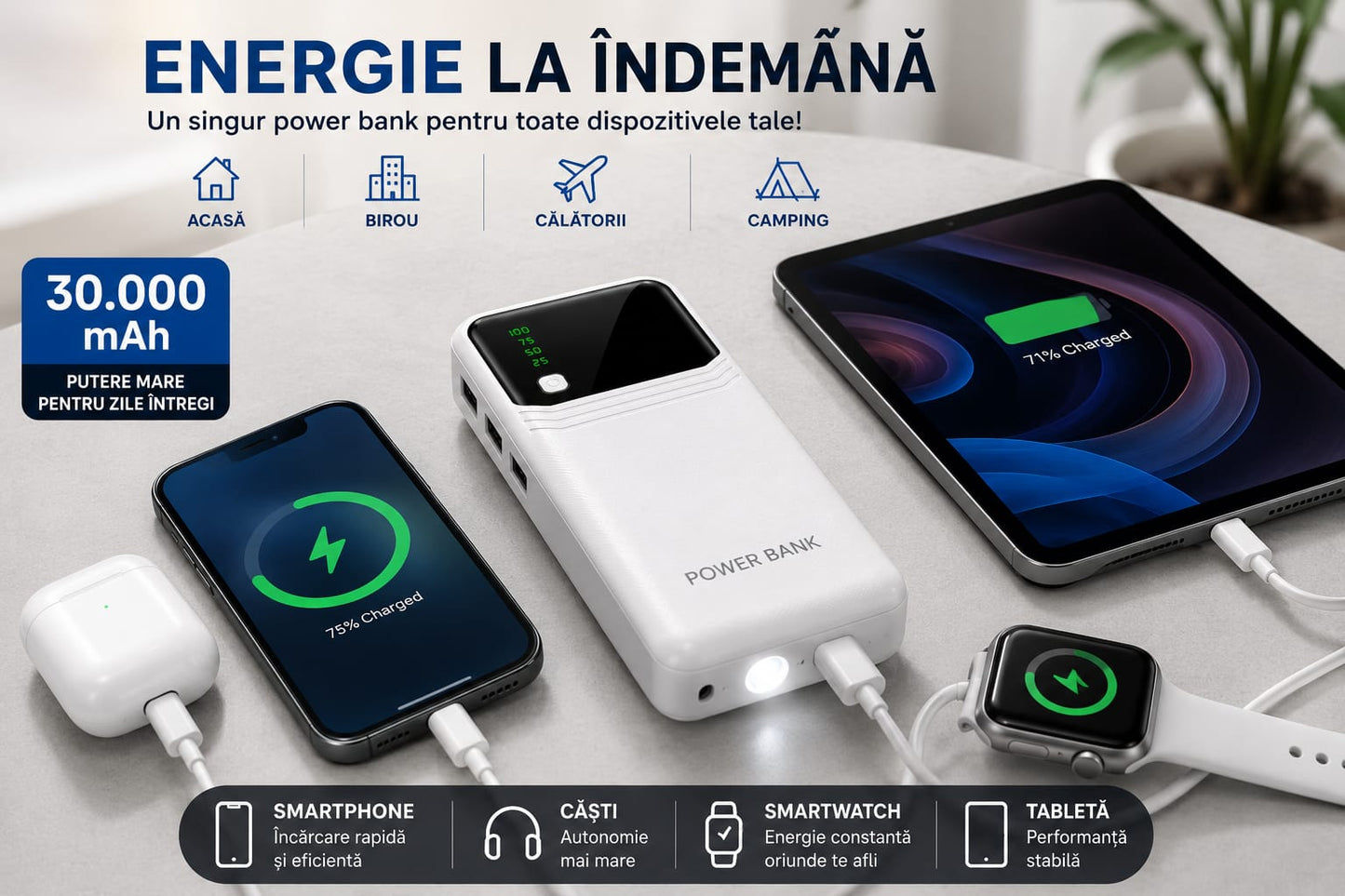 Power Bank 30.000 mAh, 3 x USB-A, Afișaj Digital LED, Lanternă LED, 5V/2.1A