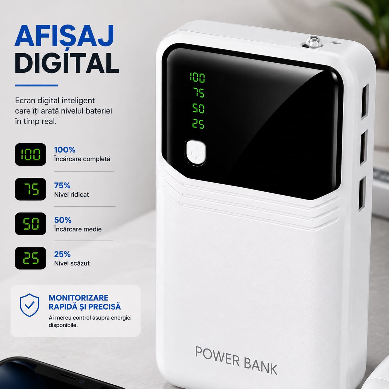Power Bank 30.000 mAh, 3 x USB-A, Afișaj Digital LED, Lanternă LED, 5V/2.1A