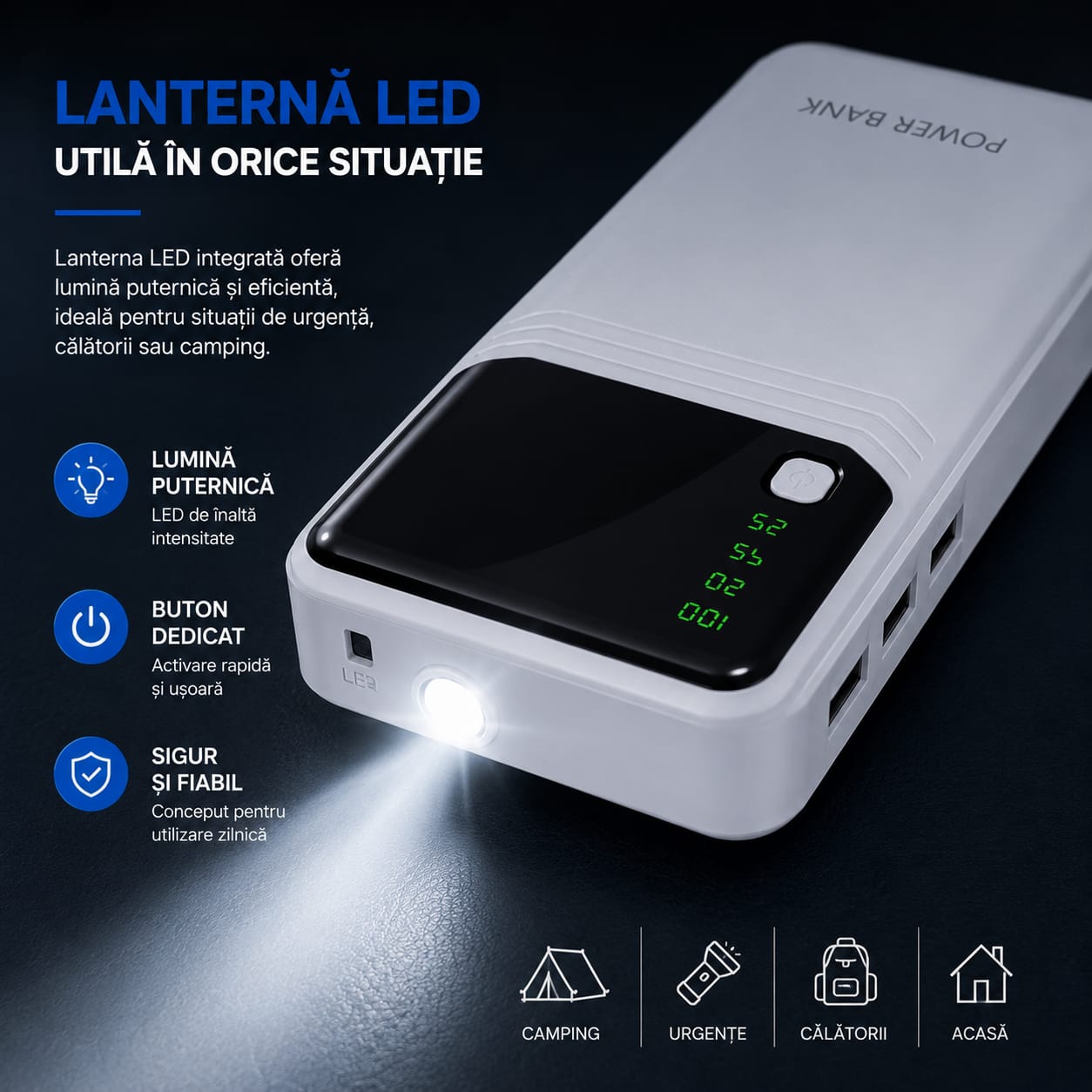 Power Bank 30.000 mAh, 3 x USB-A, Afișaj Digital LED, Lanternă LED, 5V/2.1A