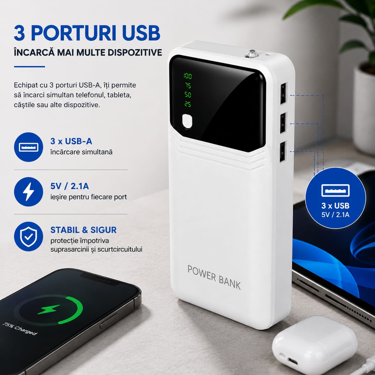 Power Bank 30.000 mAh, 3 x USB-A, Afișaj Digital LED, Lanternă LED, 5V/2.1A