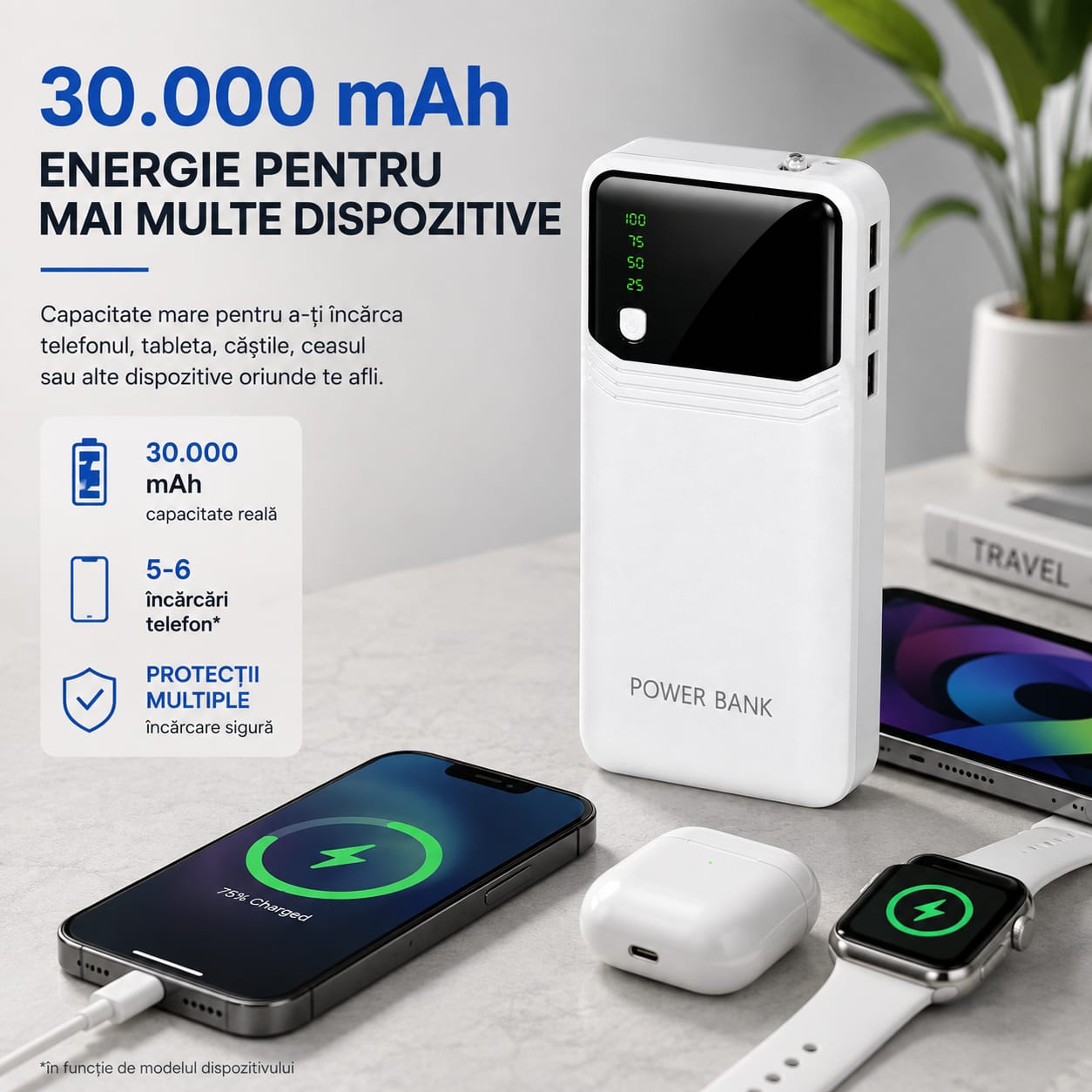 Power Bank 30.000 mAh, 3 x USB-A, Afișaj Digital LED, Lanternă LED, 5V/2.1A