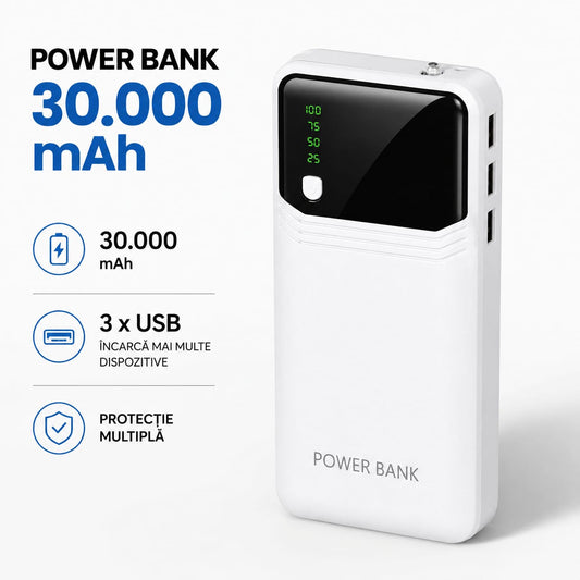 Power Bank 30.000 mAh, 3 x USB-A, Afișaj Digital LED, Lanternă LED, 5V/2.1A