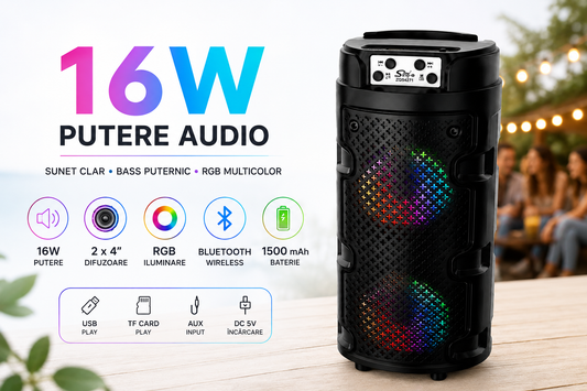 Boxă portabilă Sing-e ZQS4271, Bluetooth, 16W (2x8W), 2x4 inch, RGB, baterie 1500mAh, USB, TF, AUX