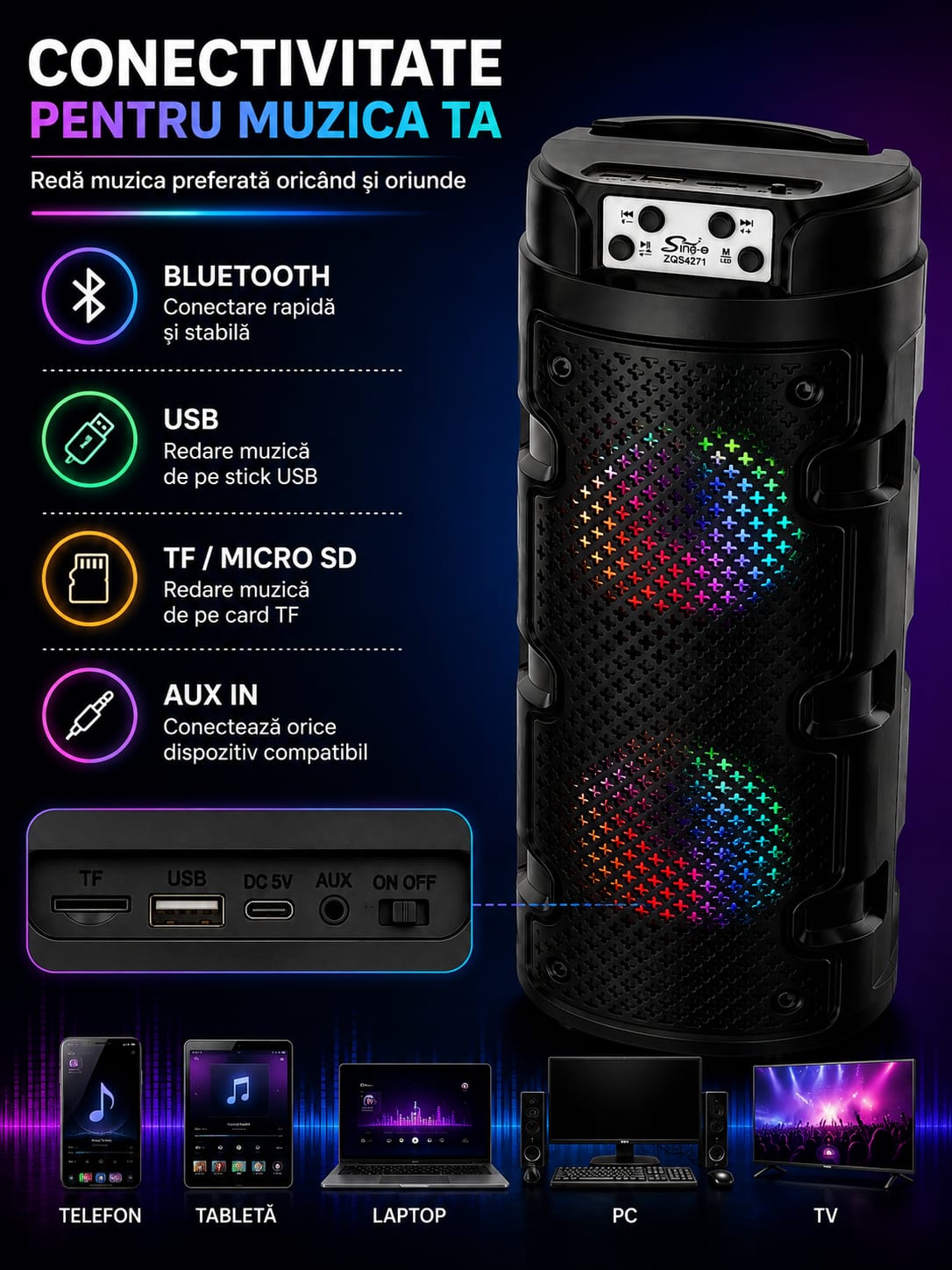 Boxă portabilă Sing-e ZQS4271, Bluetooth, 16W (2x8W), 2x4 inch, RGB, baterie 1500mAh, USB, TF, AUX