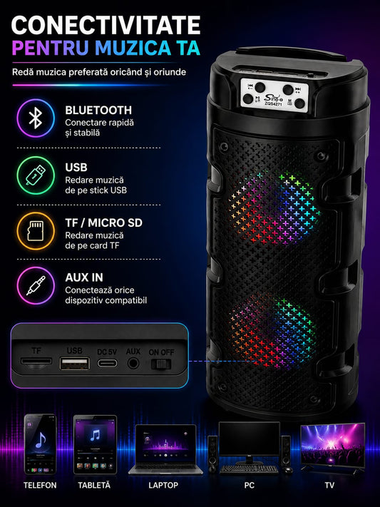 Boxă portabilă Sing-e ZQS4271, Bluetooth, 16W (2x8W), 2x4 inch, RGB, baterie 1500mAh, USB, TF, AUX