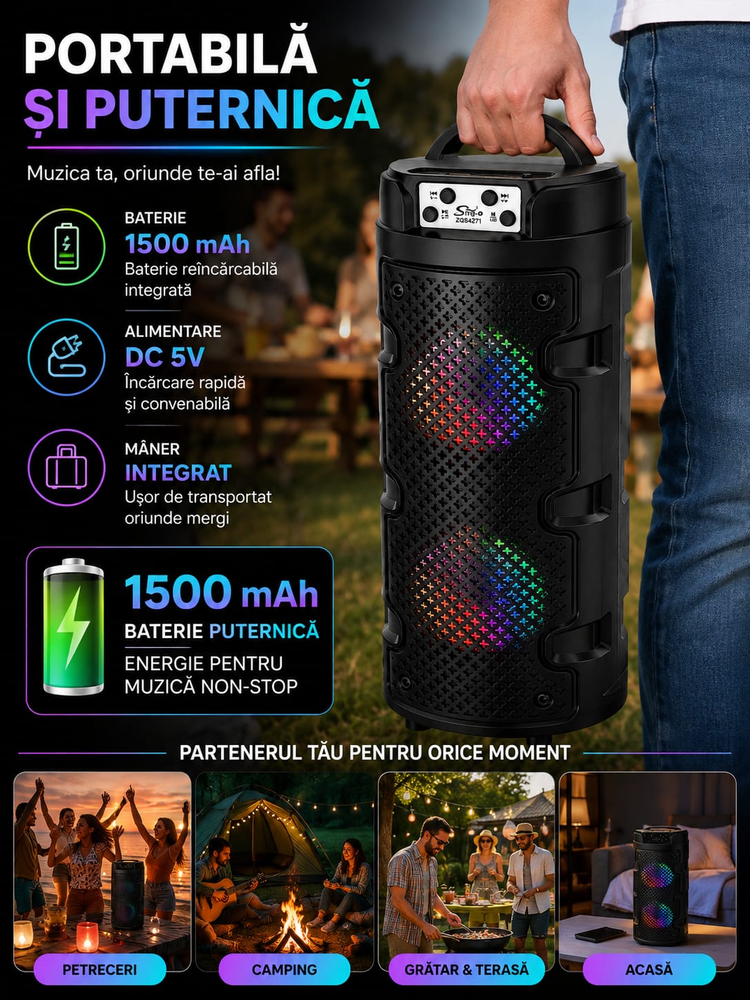 Boxă portabilă Sing-e ZQS4271, Bluetooth, 16W (2x8W), 2x4 inch, RGB, baterie 1500mAh, USB, TF, AUX